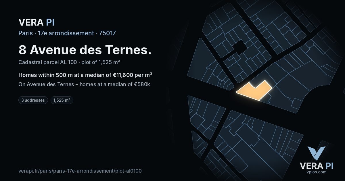 8 Avenue des Ternes, 17e arrondissement at night – the plot lit, the parcels around coloured by the prices near them
