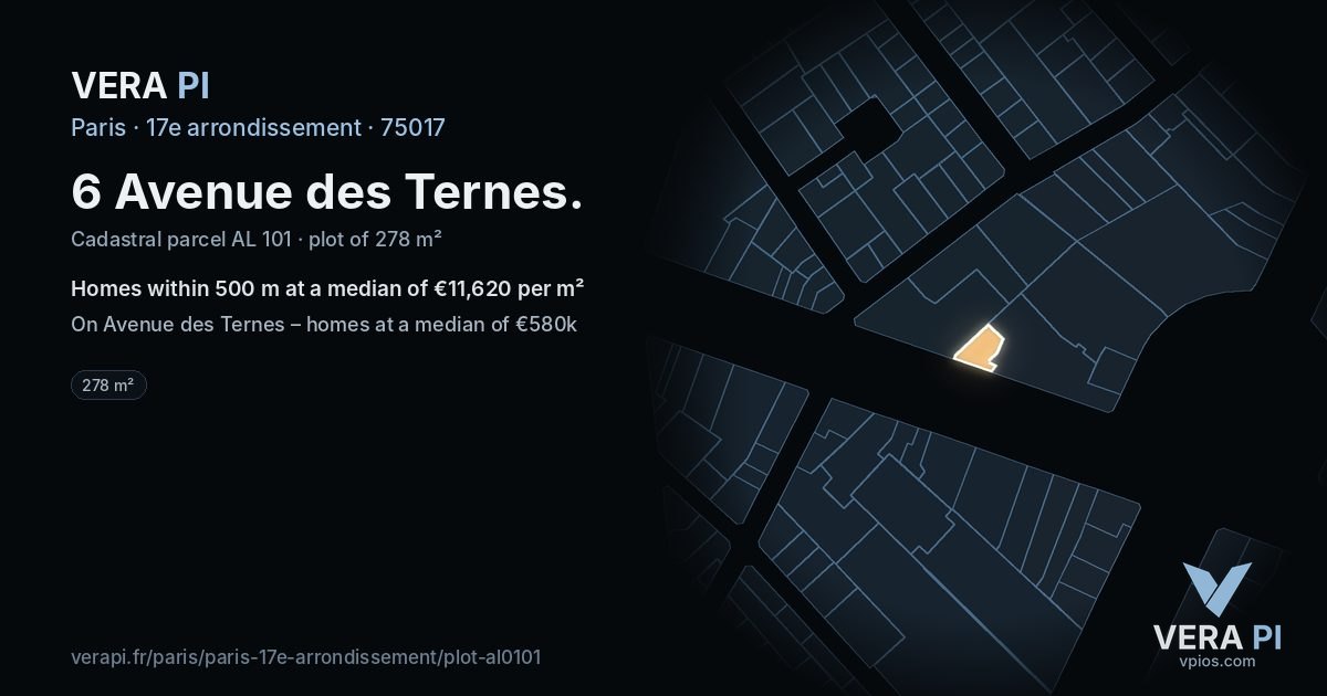 6 Avenue des Ternes, 17e arrondissement at night – the plot lit, the parcels around coloured by the prices near them