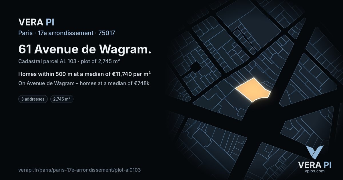 61 Avenue de Wagram, 17e arrondissement at night – the plot lit, the parcels around coloured by the prices near them