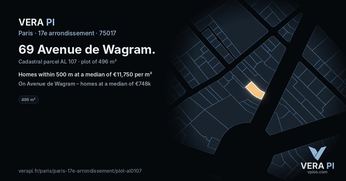 69 Avenue de Wagram, 17e arrondissement at night – the plot lit, the parcels around coloured by the prices near them