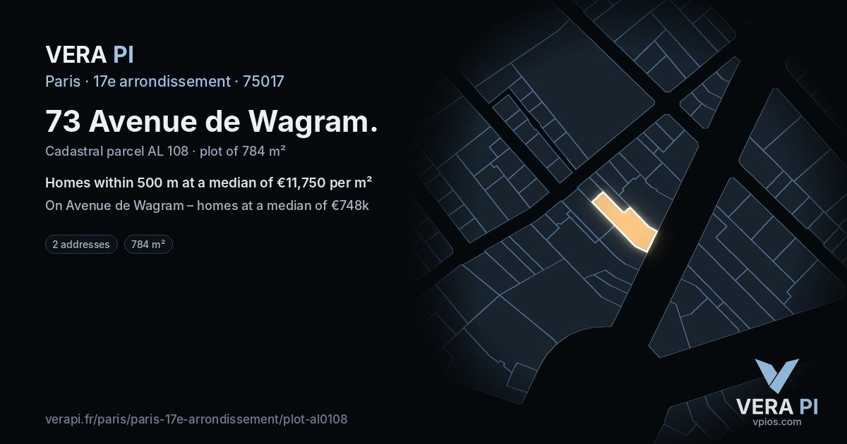 73 Avenue de Wagram, 17e arrondissement at night – the plot lit, the parcels around coloured by the prices near them