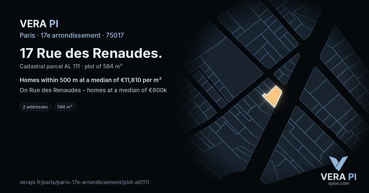 17 Rue des Renaudes, 17e arrondissement at night – the plot lit, the parcels around coloured by the prices near them