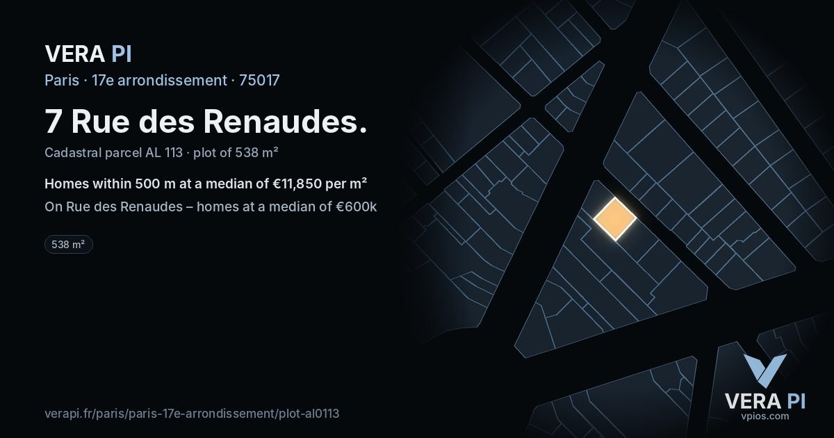 7 Rue des Renaudes, 17e arrondissement at night – the plot lit, the parcels around coloured by the prices near them