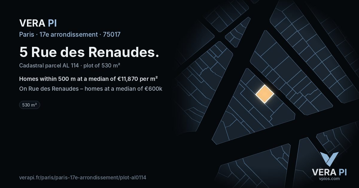 5 Rue des Renaudes, 17e arrondissement at night – the plot lit, the parcels around coloured by the prices near them