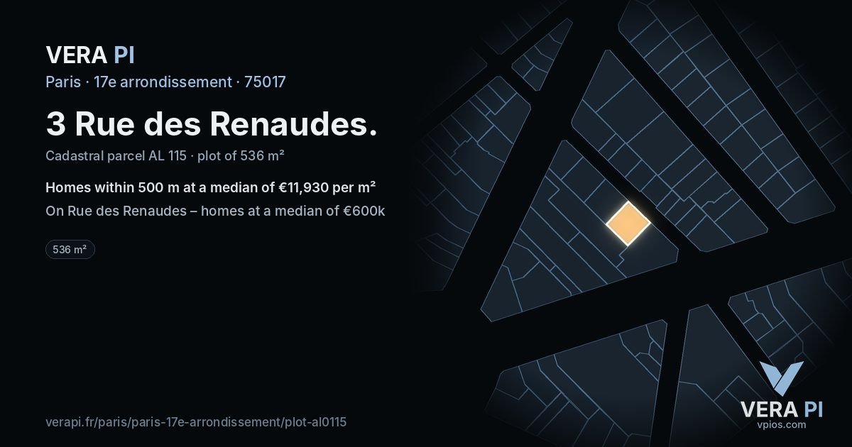 3 Rue des Renaudes, 17e arrondissement at night – the plot lit, the parcels around coloured by the prices near them
