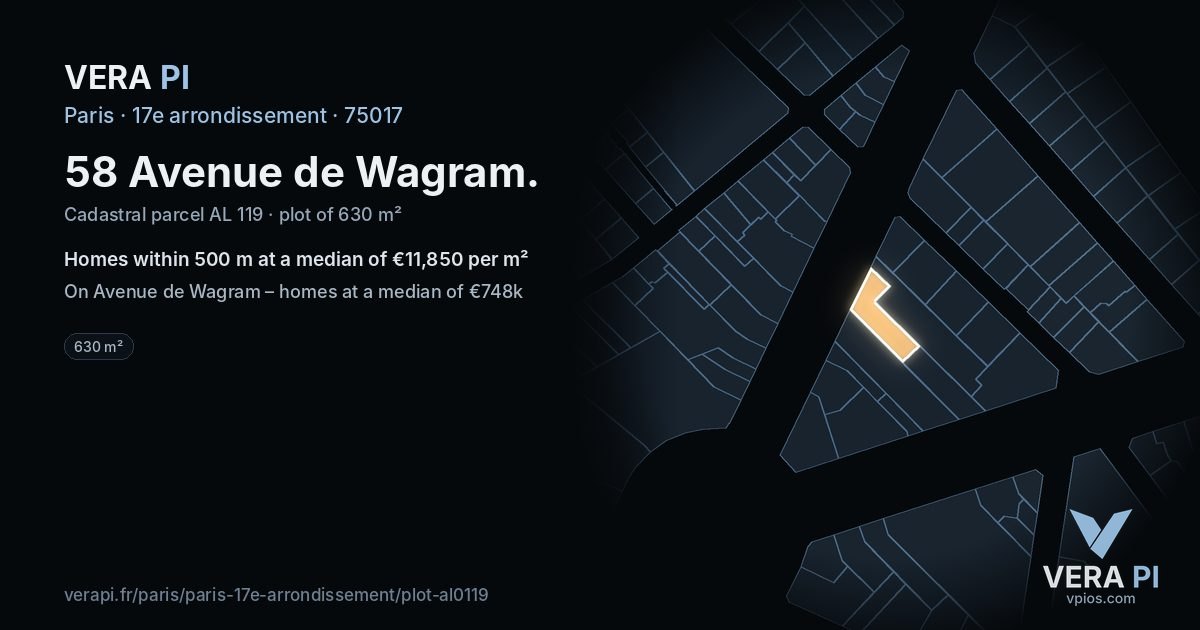 58 Avenue de Wagram, 17e arrondissement at night – the plot lit, the parcels around coloured by the prices near them