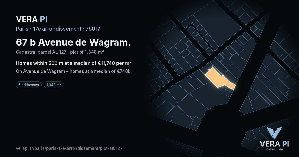 67 b Avenue de Wagram, 17e arrondissement at night – the plot lit, the parcels around coloured by the prices near them