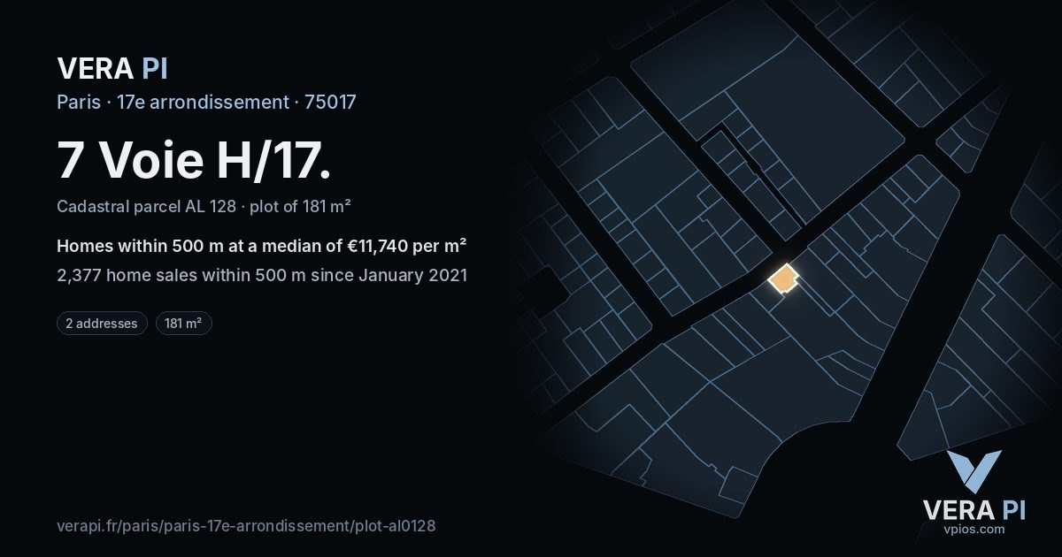 7 Voie H/17, 17e arrondissement at night – the plot lit, the parcels around coloured by the prices near them