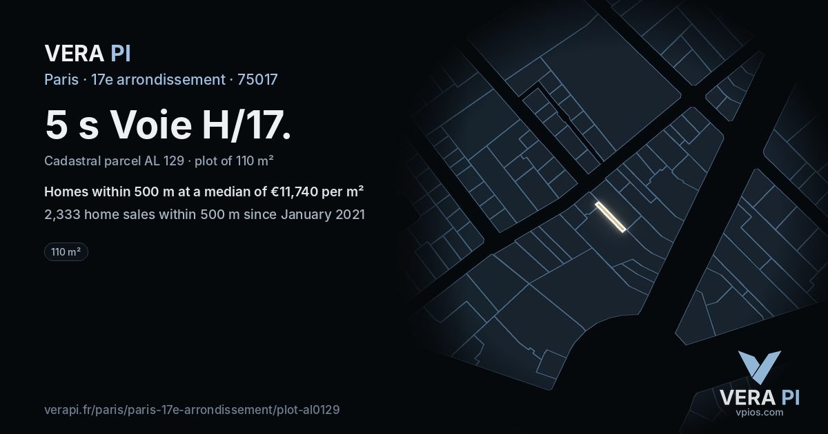 5 s Voie H/17, 17e arrondissement at night – the plot lit, the parcels around coloured by the prices near them
