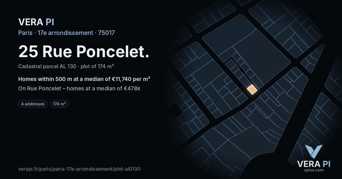 25 Rue Poncelet, 17e arrondissement at night – the plot lit, the parcels around coloured by the prices near them