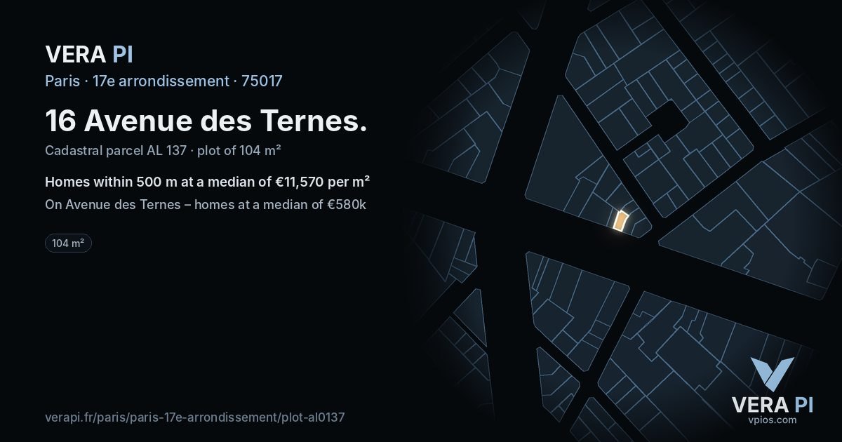 16 Avenue des Ternes, 17e arrondissement at night – the plot lit, the parcels around coloured by the prices near them