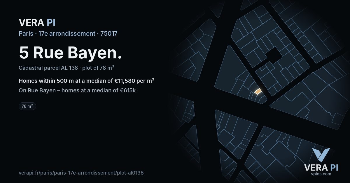 5 Rue Bayen, 17e arrondissement at night – the plot lit, the parcels around coloured by the prices near them