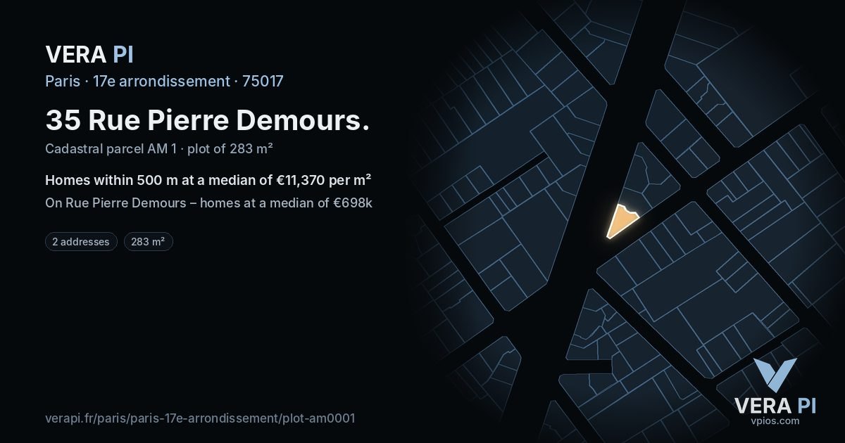 35 Rue Pierre Demours, 17e arrondissement at night – the plot lit, the parcels around coloured by the prices near them
