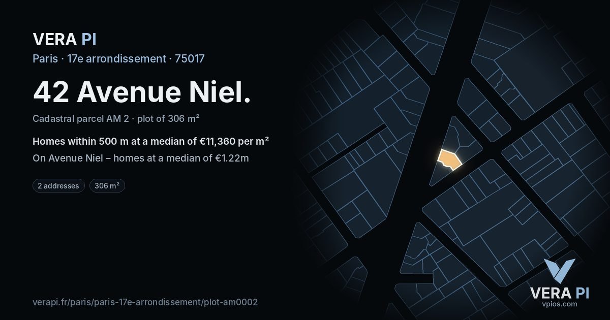 42 Avenue Niel, 17e arrondissement at night – the plot lit, the parcels around coloured by the prices near them