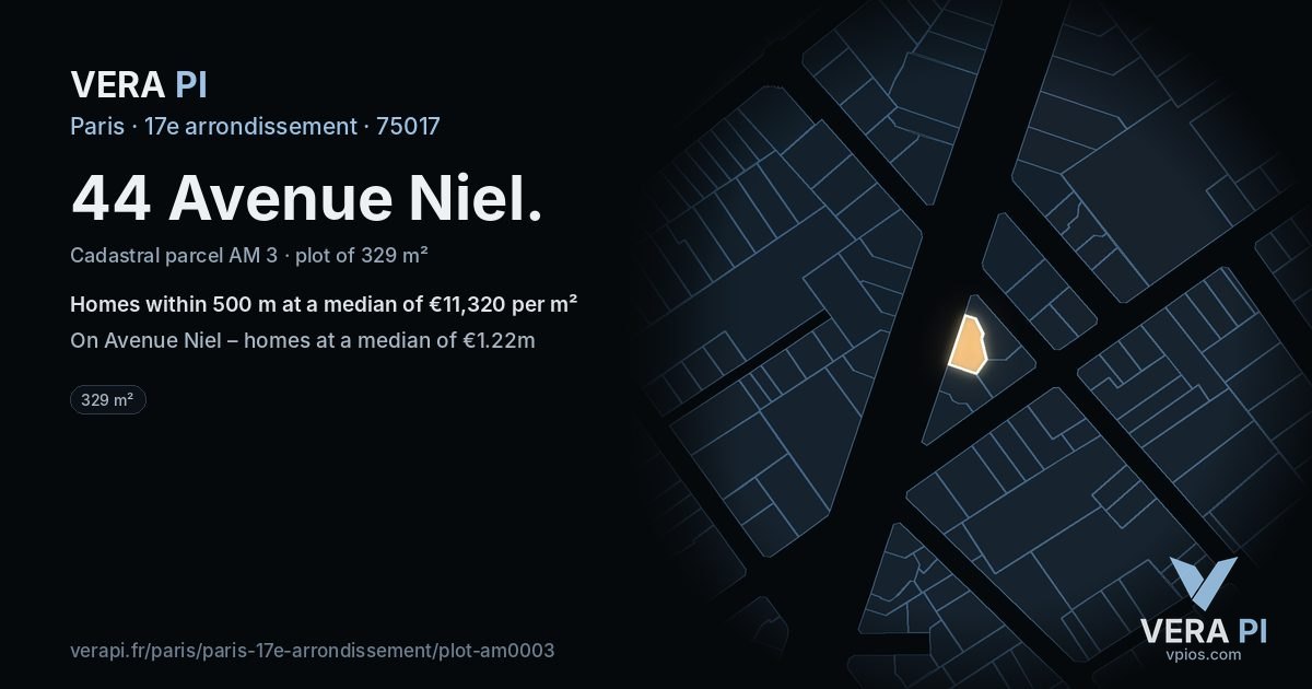 44 Avenue Niel, 17e arrondissement at night – the plot lit, the parcels around coloured by the prices near them