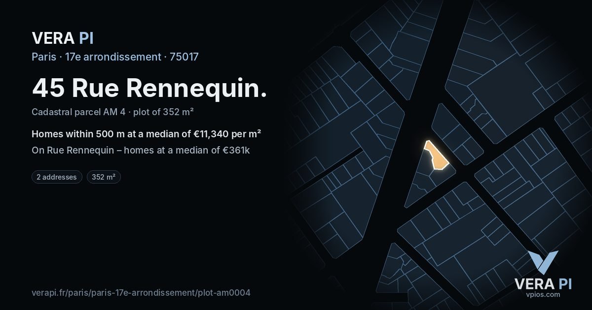 45 Rue Rennequin, 17e arrondissement at night – the plot lit, the parcels around coloured by the prices near them