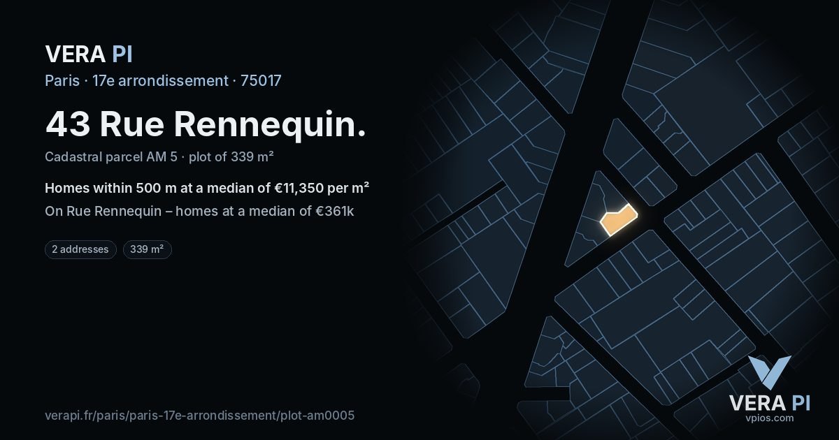 43 Rue Rennequin, 17e arrondissement at night – the plot lit, the parcels around coloured by the prices near them