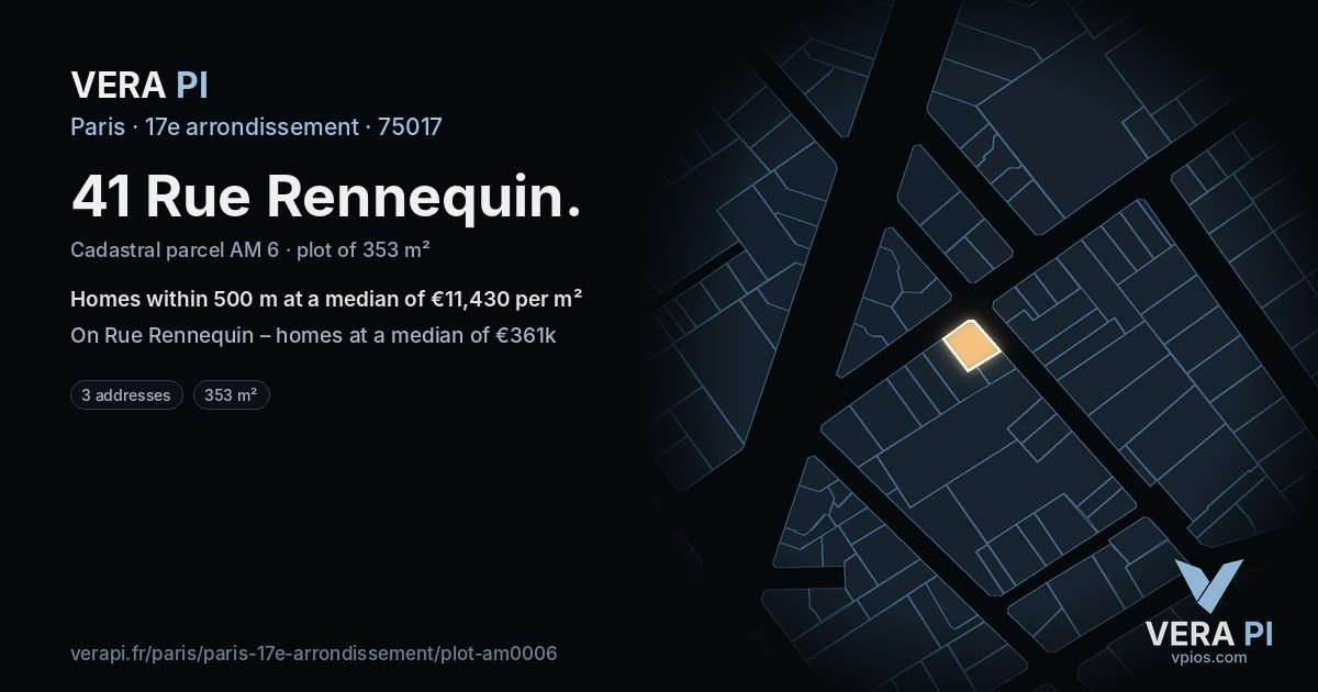 41 Rue Rennequin, 17e arrondissement at night – the plot lit, the parcels around coloured by the prices near them