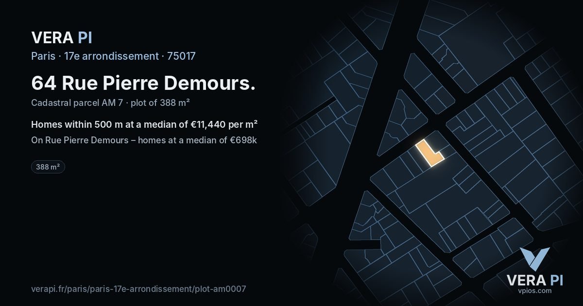 64 Rue Pierre Demours, 17e arrondissement at night – the plot lit, the parcels around coloured by the prices near them