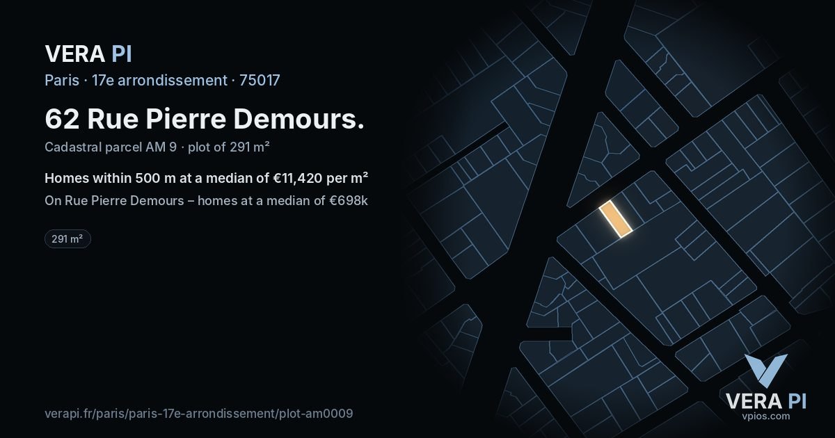 62 Rue Pierre Demours, 17e arrondissement at night – the plot lit, the parcels around coloured by the prices near them