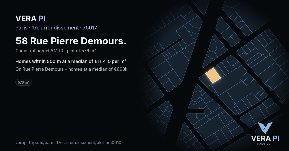 58 Rue Pierre Demours, 17e arrondissement at night – the plot lit, the parcels around coloured by the prices near them