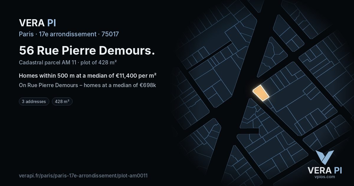 56 Rue Pierre Demours, 17e arrondissement at night – the plot lit, the parcels around coloured by the prices near them