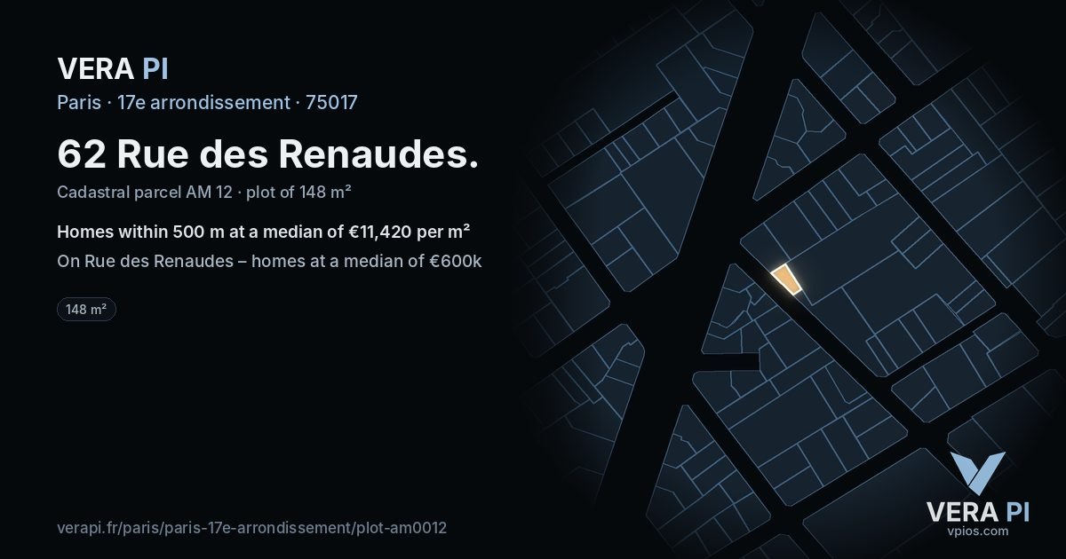 62 Rue des Renaudes, 17e arrondissement at night – the plot lit, the parcels around coloured by the prices near them