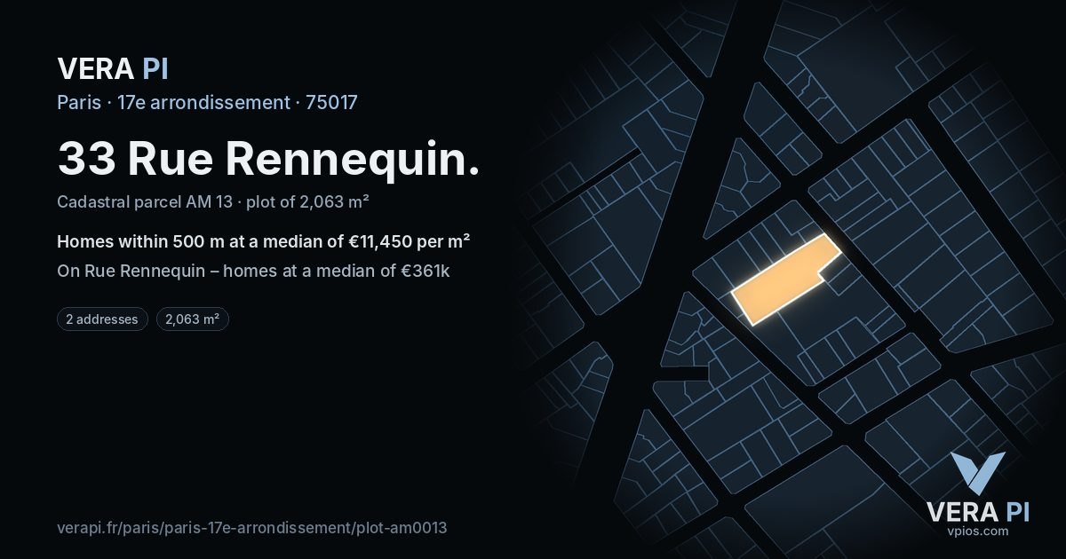 33 Rue Rennequin, 17e arrondissement at night – the plot lit, the parcels around coloured by the prices near them