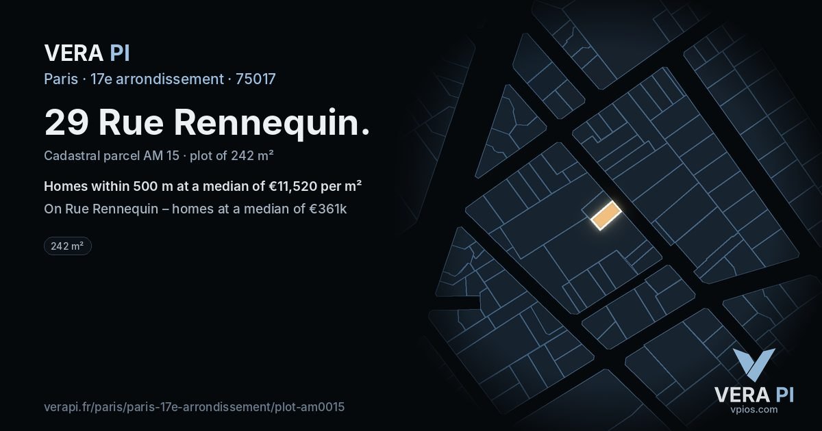 29 Rue Rennequin, 17e arrondissement at night – the plot lit, the parcels around coloured by the prices near them