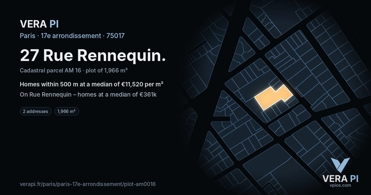 27 Rue Rennequin, 17e arrondissement at night – the plot lit, the parcels around coloured by the prices near them