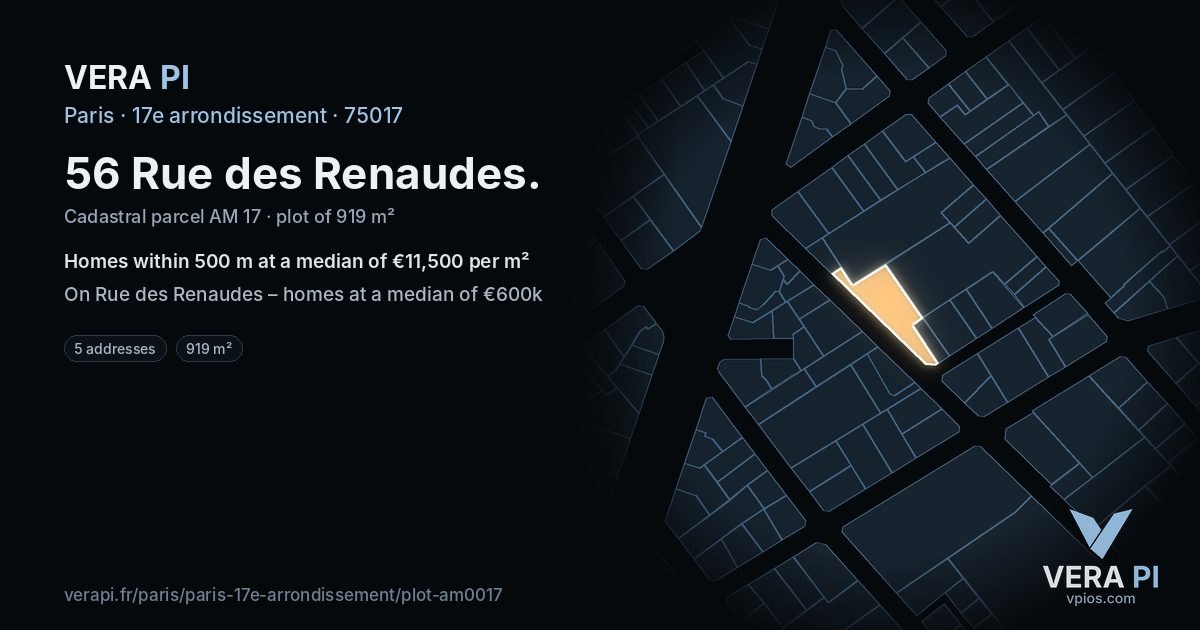 56 Rue des Renaudes, 17e arrondissement at night – the plot lit, the parcels around coloured by the prices near them