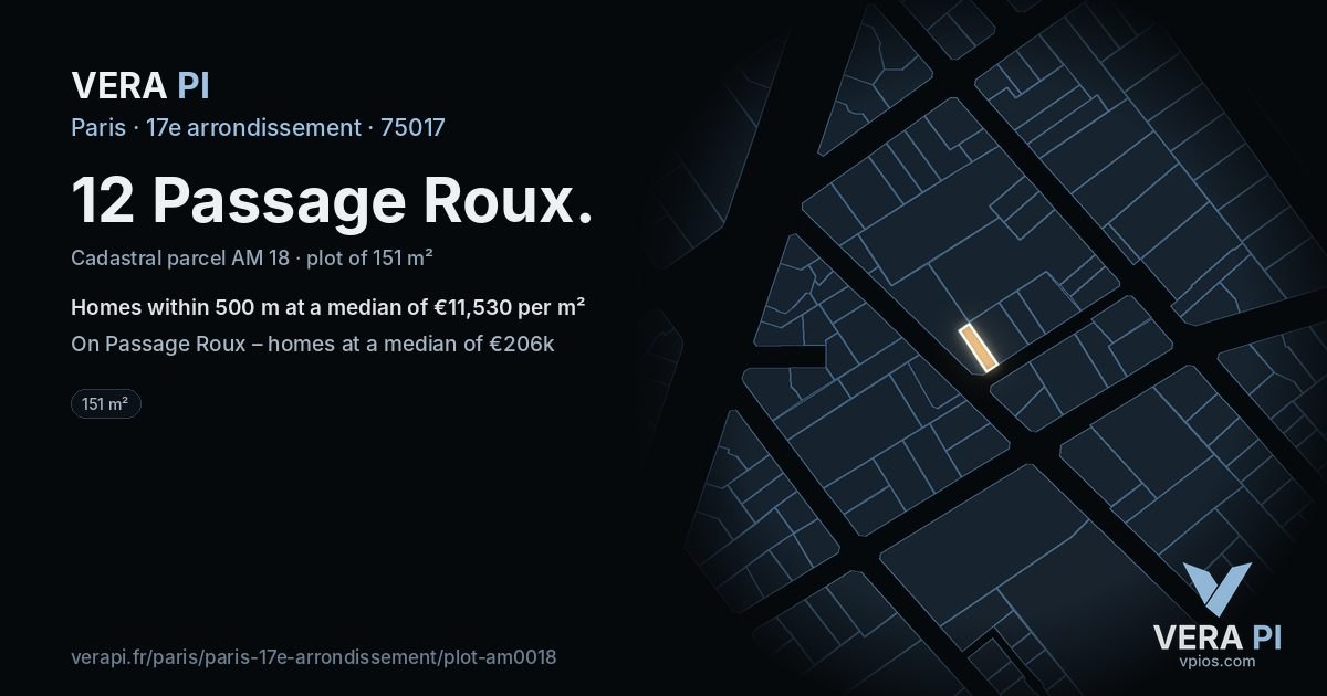 12 Passage Roux, 17e arrondissement at night – the plot lit, the parcels around coloured by the prices near them