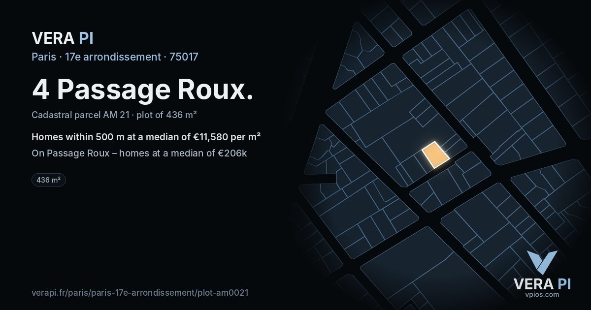 4 Passage Roux, 17e arrondissement at night – the plot lit, the parcels around coloured by the prices near them