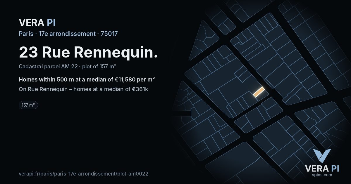 23 Rue Rennequin, 17e arrondissement at night – the plot lit, the parcels around coloured by the prices near them