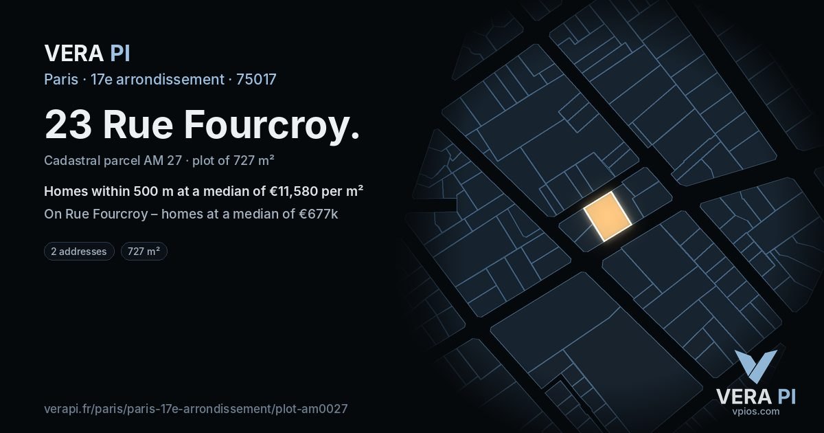 23 Rue Fourcroy, 17e arrondissement at night – the plot lit, the parcels around coloured by the prices near them