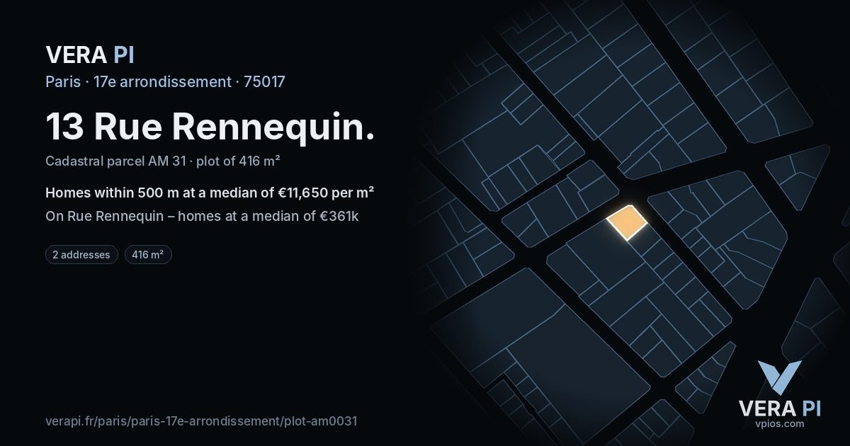13 Rue Rennequin, 17e arrondissement at night – the plot lit, the parcels around coloured by the prices near them