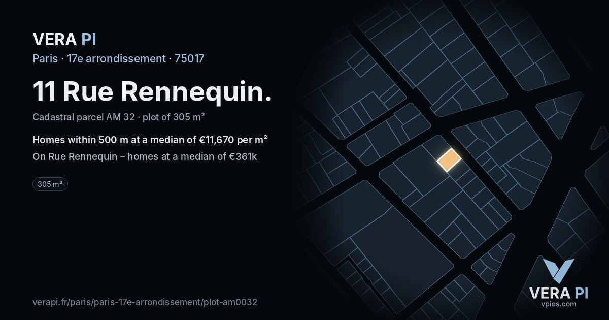11 Rue Rennequin, 17e arrondissement at night – the plot lit, the parcels around coloured by the prices near them
