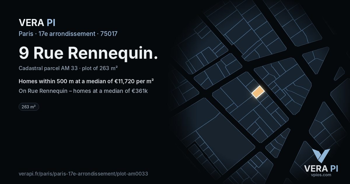 9 Rue Rennequin, 17e arrondissement at night – the plot lit, the parcels around coloured by the prices near them