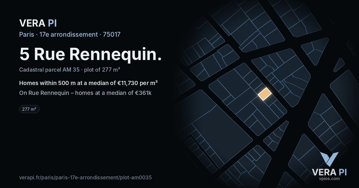 5 Rue Rennequin, 17e arrondissement at night – the plot lit, the parcels around coloured by the prices near them