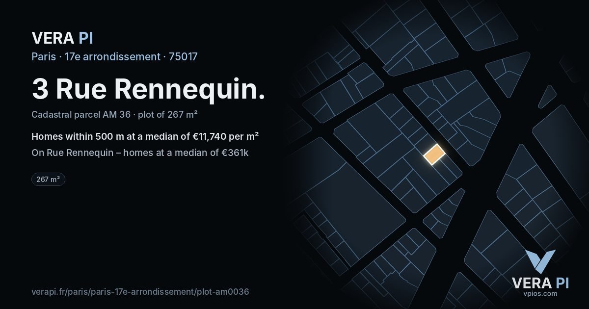3 Rue Rennequin, 17e arrondissement at night – the plot lit, the parcels around coloured by the prices near them