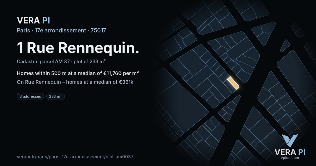 1 Rue Rennequin, 17e arrondissement at night – the plot lit, the parcels around coloured by the prices near them