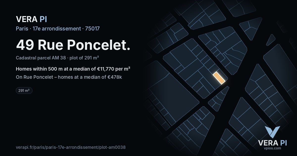 49 Rue Poncelet, 17e arrondissement at night – the plot lit, the parcels around coloured by the prices near them