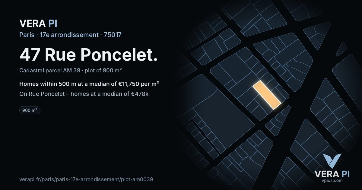 47 Rue Poncelet, 17e arrondissement at night – the plot lit, the parcels around coloured by the prices near them