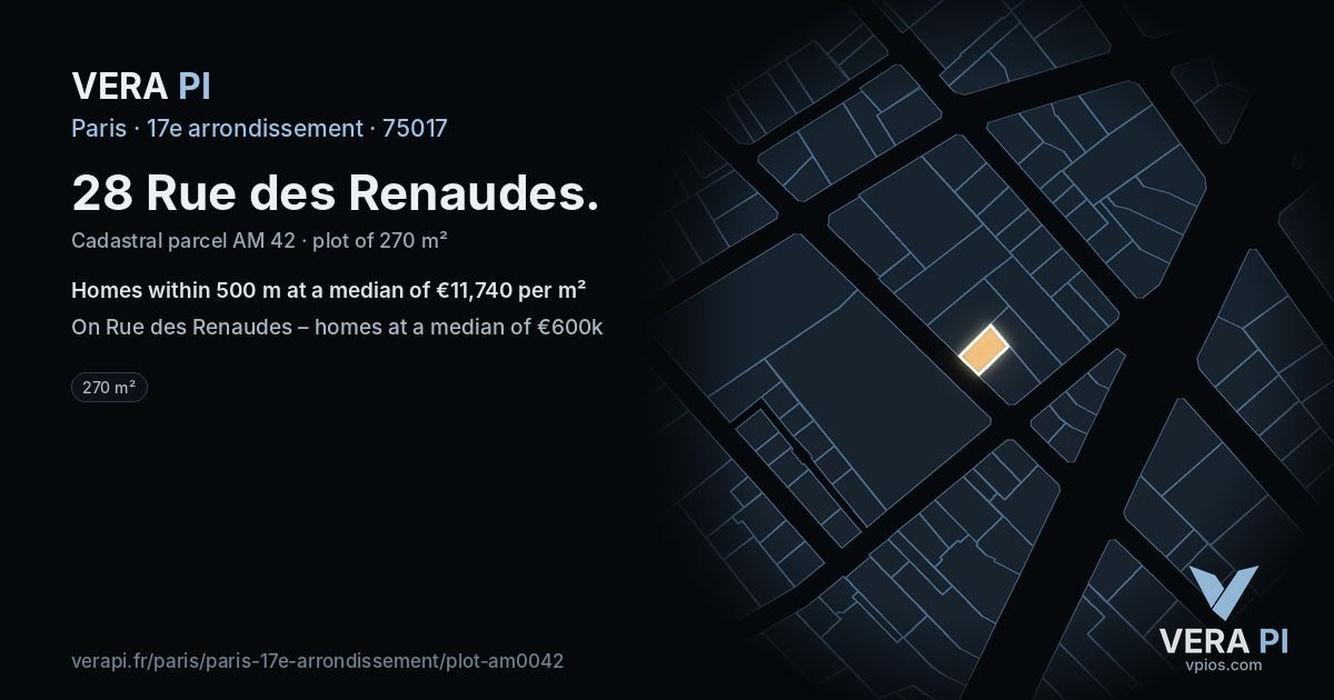 28 Rue des Renaudes, 17e arrondissement at night – the plot lit, the parcels around coloured by the prices near them