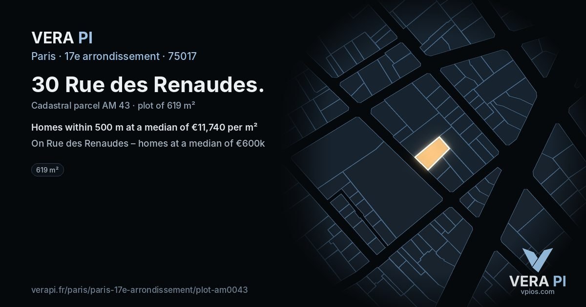 30 Rue des Renaudes, 17e arrondissement at night – the plot lit, the parcels around coloured by the prices near them
