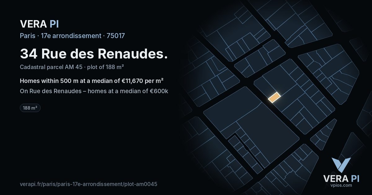 34 Rue des Renaudes, 17e arrondissement at night – the plot lit, the parcels around coloured by the prices near them