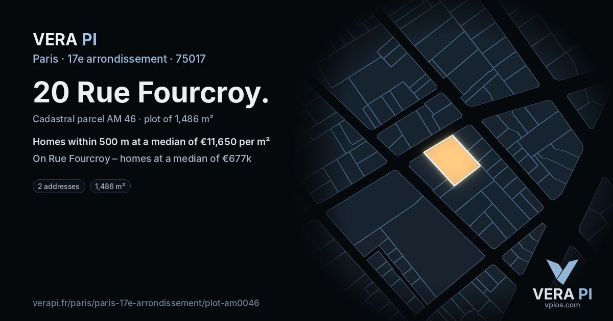 20 Rue Fourcroy, 17e arrondissement at night – the plot lit, the parcels around coloured by the prices near them