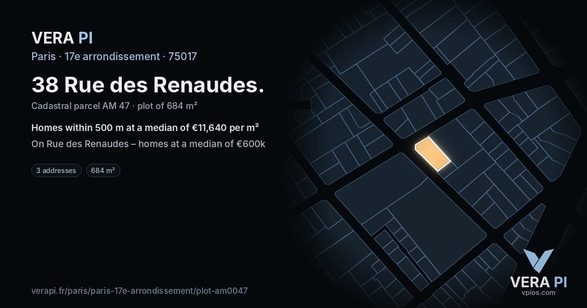 38 Rue des Renaudes, 17e arrondissement at night – the plot lit, the parcels around coloured by the prices near them