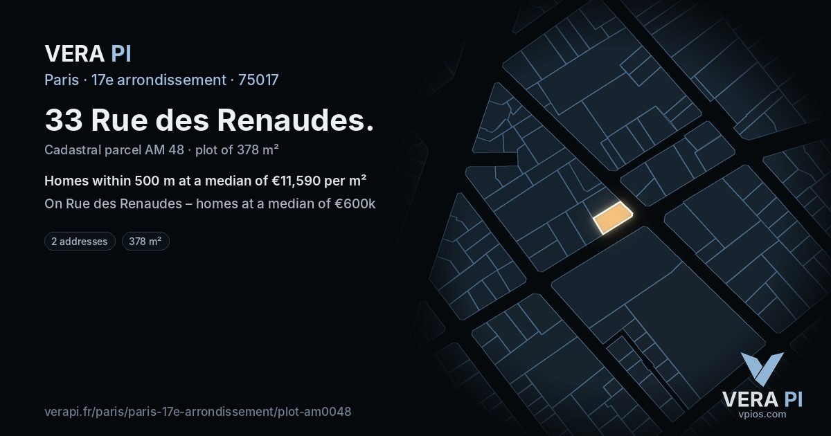33 Rue des Renaudes, 17e arrondissement at night – the plot lit, the parcels around coloured by the prices near them