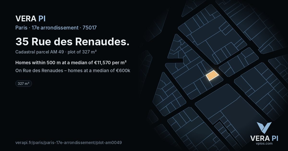 35 Rue des Renaudes, 17e arrondissement at night – the plot lit, the parcels around coloured by the prices near them